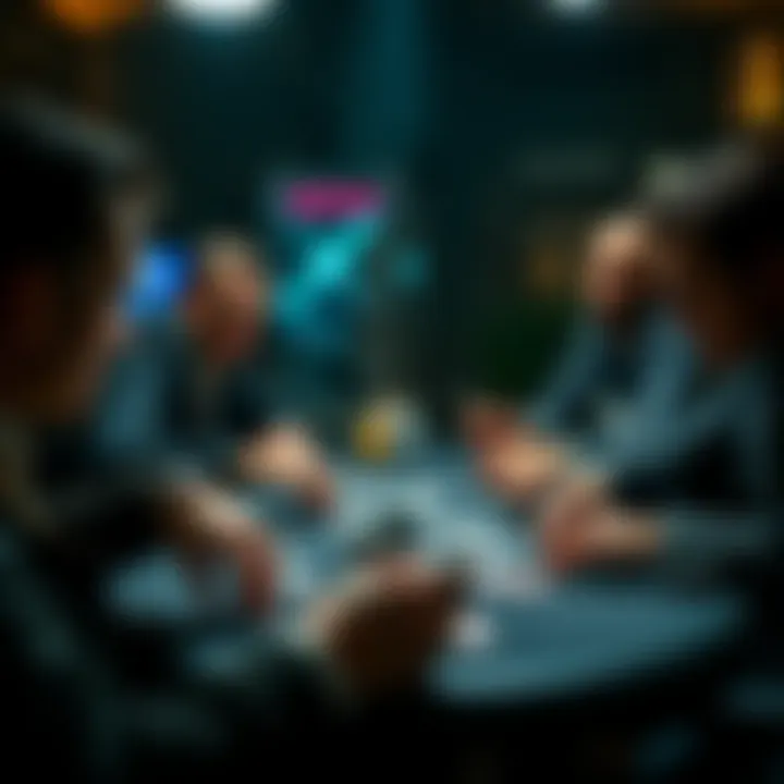 A tense poker game with players focused on their cards and chips, showcasing emotions and expressions during play.