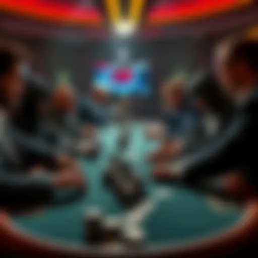 A tense moment in a poker game showing players making decisions, with chips and cards on the table