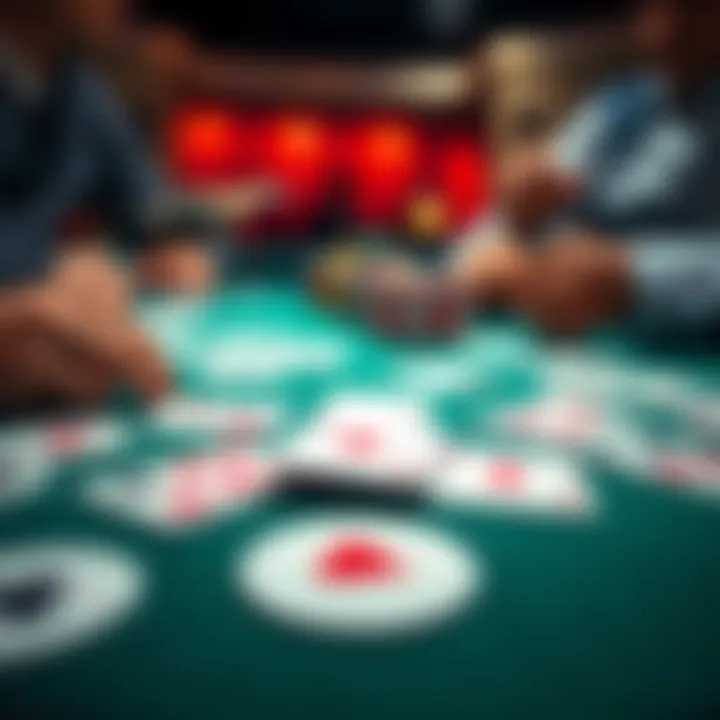 A close-up of poker cards laid out on a table, showing the river card in play during a game, with two players deep in thought about their next move.