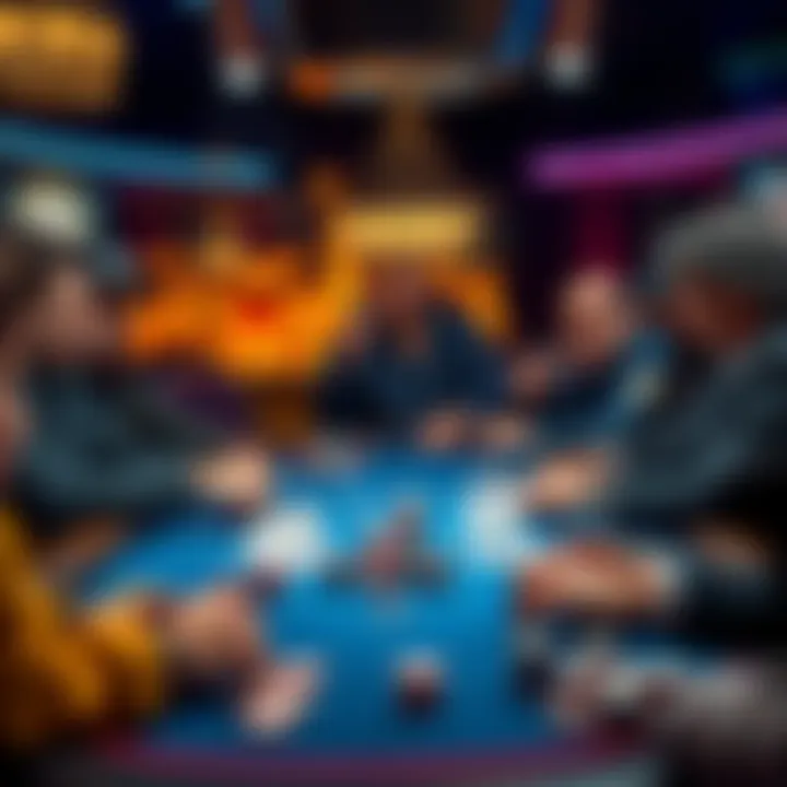 A vibrant poker table with players focused on their cards and chips, showcasing various poker strategies.
