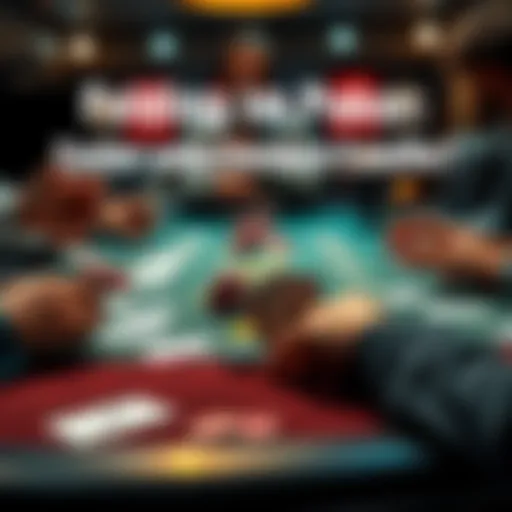 A poker table with players holding cards and chips, showing tension in a critical game moment