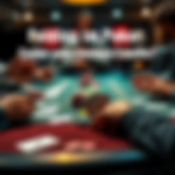 Poker game with cards on the table A poker table with players holding cards and chips, showing tension in a critical game moment