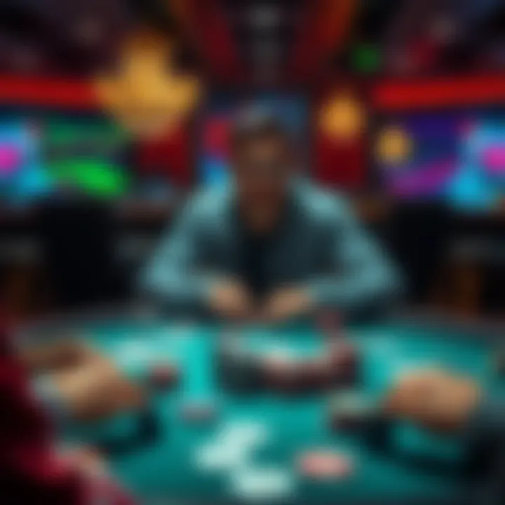 A player sitting at a poker table with cards and chips, comparing two online poker platforms, GGPoker and PokerStars.