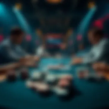 A tense poker game showing players at a table with cards and chips, highlighting a side pot situation.