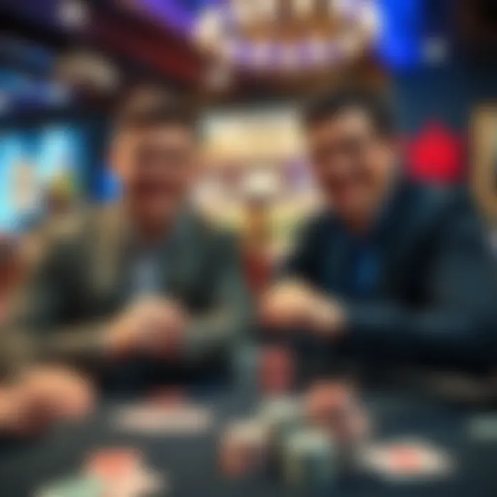 Two players at a poker table smiling and enjoying the game, with cards and chips in front of them