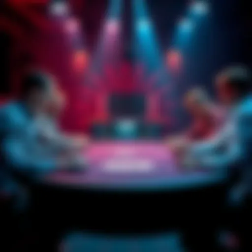 A poker table with players analyzing their hands and the flop board during an online game.