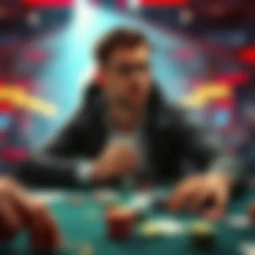 A player seated at a poker table with chips and cards, showcasing a confident expression during a game
