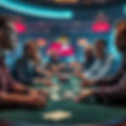 A group of people playing poker at a table, with cards and chips visible, showing focused expressions