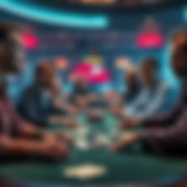 A group of people playing poker at a table, with cards and chips visible, showing focused expressions