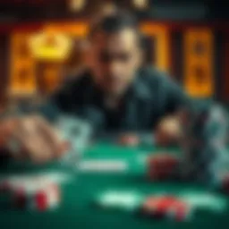 A poker table showing AJs hand and poker chips; a player looks concerned after losing to a set of 10s.