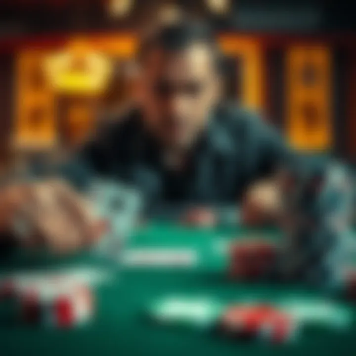 A poker table showing AJs hand and poker chips; a player looks concerned after losing to a set of 10s.