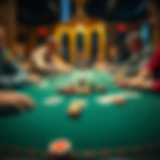 A close-up of a poker game table with cards and chips arranged, showing players deep in thought about their strategies.