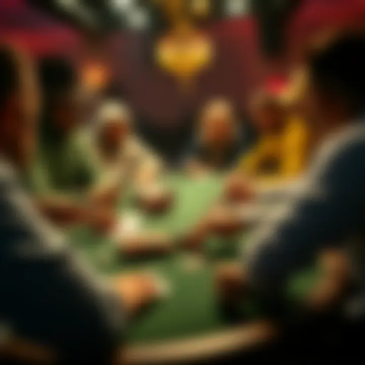 Poker game table A group of players sitting around a poker table, focused on their cards and chips, with some writing notes about the moves made during the game.