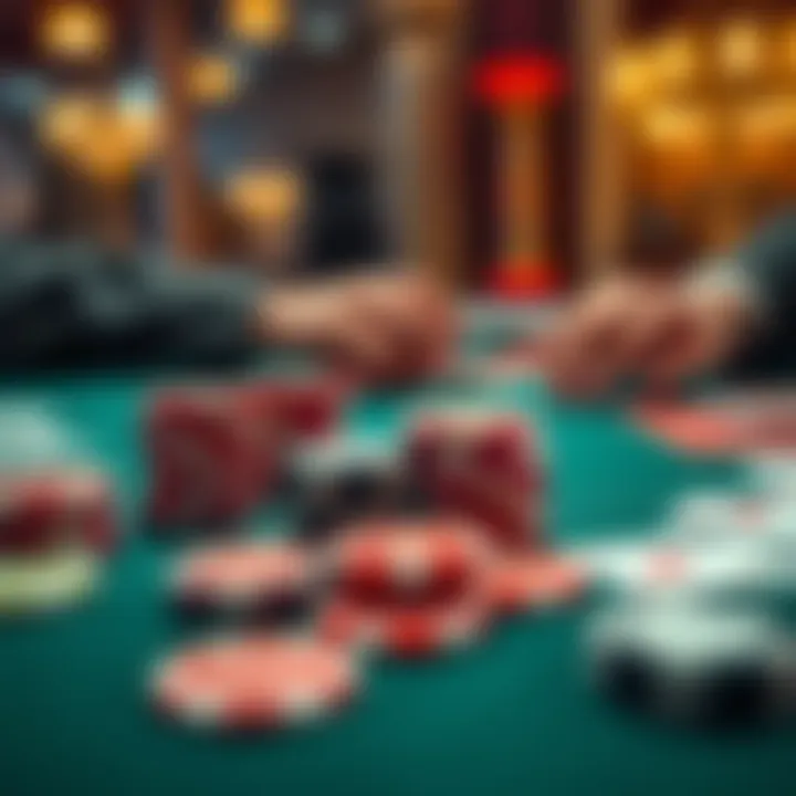 A close-up view of a poker table showing chips and playing cards in a game, highlighting a player making a move using the BTN Mississippi strategy.
