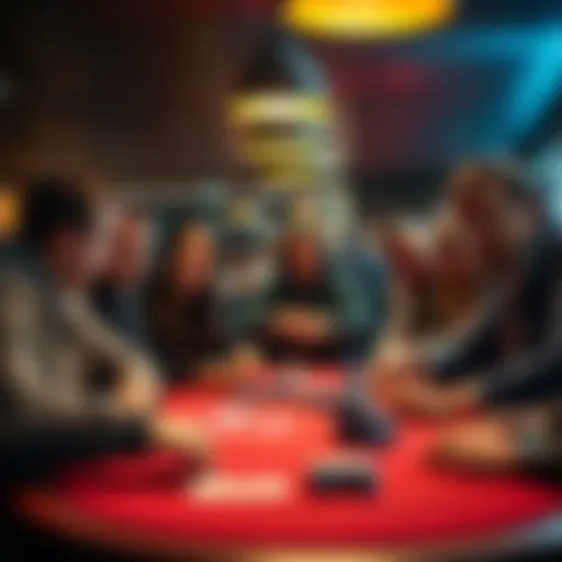 Poker game table with players A group of people playing poker at a table, showcasing their expressions and personality during the game.