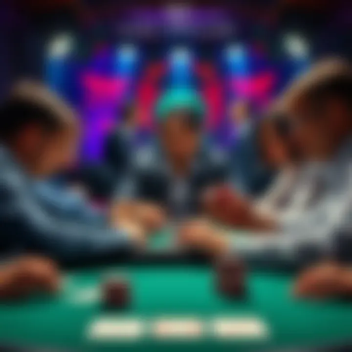 A poker table with players focused on their cards, one player is bluffing while others analyze their hands.