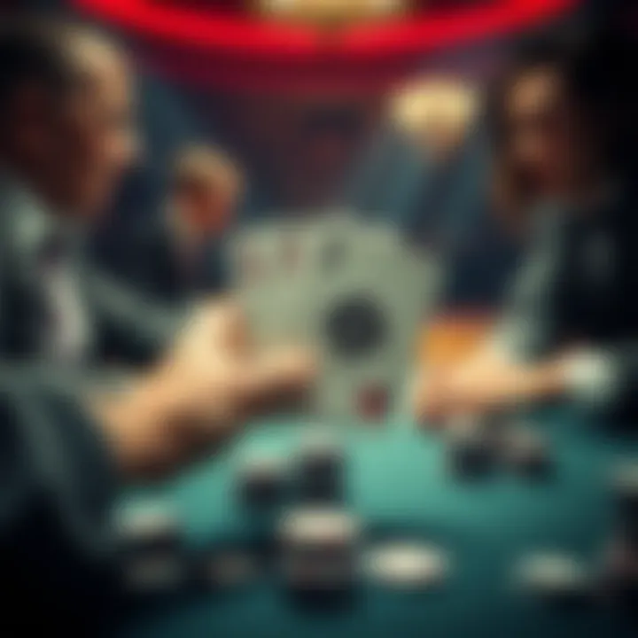 A dramatic poker scene showing a player holding A♠️ Q♦️ facing an all-in bet, with chips stacked on the table and intense expressions on players' faces.