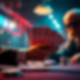 A tense poker scene showing a player holding Q9 facing a challenging opponent who is making bold bets