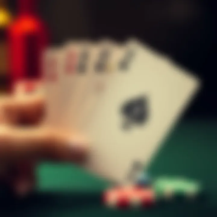 A close-up of poker cards showing Ace of Spades and Queen of Spades during a tense poker game