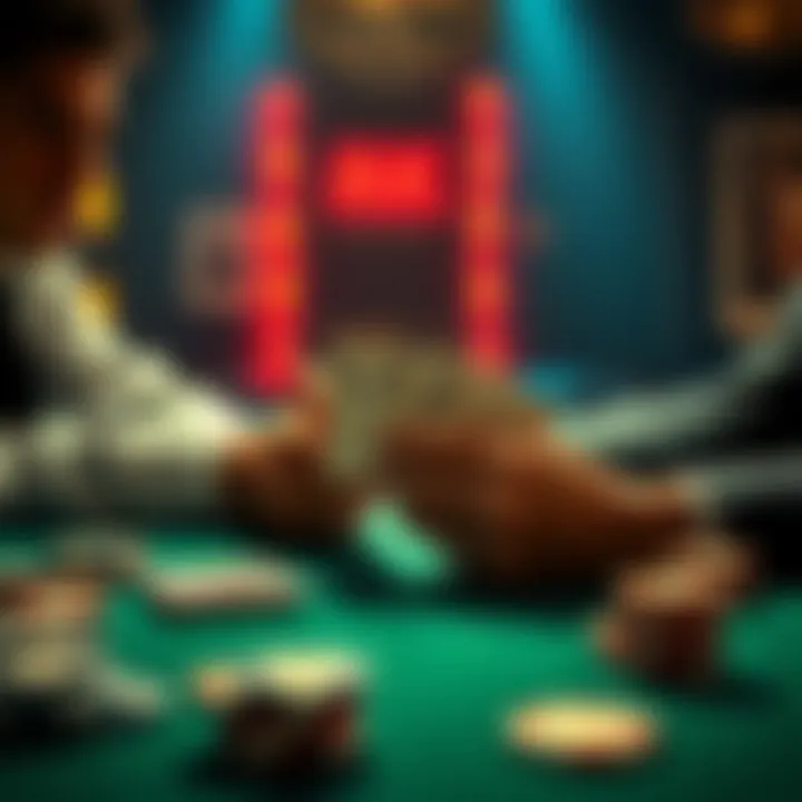 Poker hand with AK A poker table scene with two players considering their cards, one holding AK. Chips and cards are visible, showing the tension of decision-making.