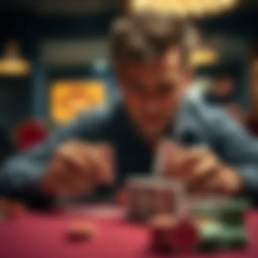 A poker player with a focused expression examines his cards in a 2/5 game, pondering his strategy with a pair of Jacks on the table.