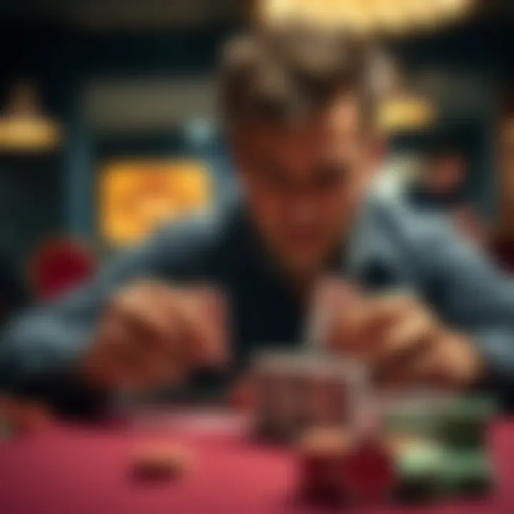 A poker player with a focused expression examines his cards in a 2/5 game, pondering his strategy with a pair of Jacks on the table.