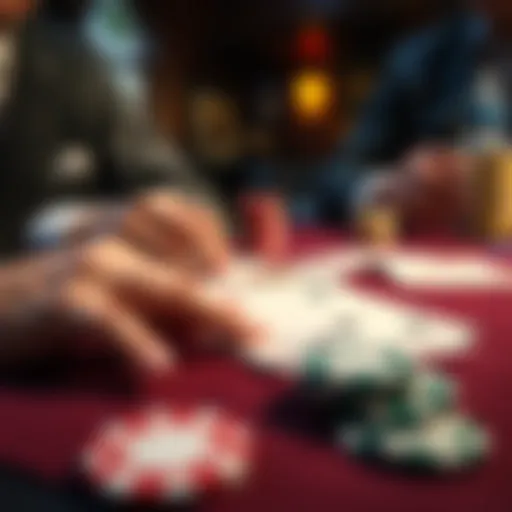 Close-up of poker cards on a table with chips and players' hands