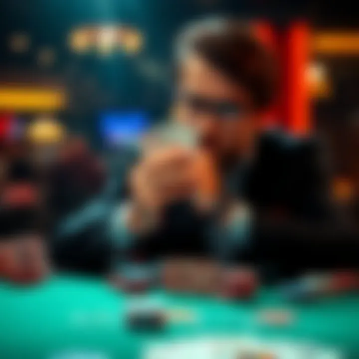 A person sitting at a poker table contemplating their next move with cards in hand and chips stacked.