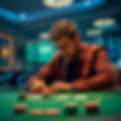 A player contemplating their strategy at a poker table with cards and chips in front of them