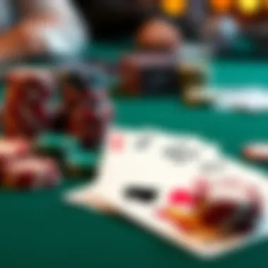 A close-up of poker cards and chips on a table, showing an AJ hand and a flop of T23 in a game setting