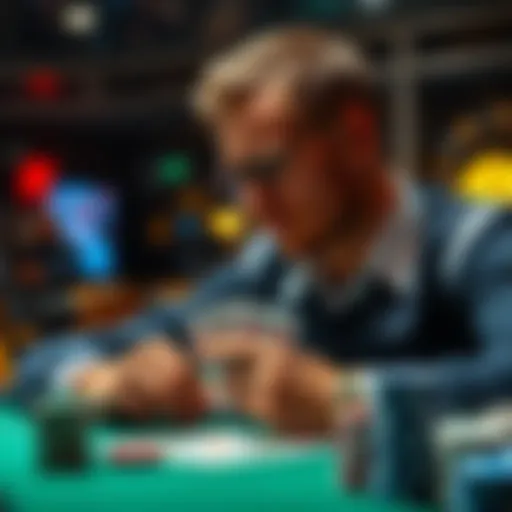 A player reflecting on a J-10 poker hand during a game, considering his options after a risky flop and river