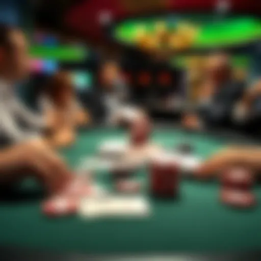 A table with poker cards and chips, showing players contemplating their moves in a local casino setting.