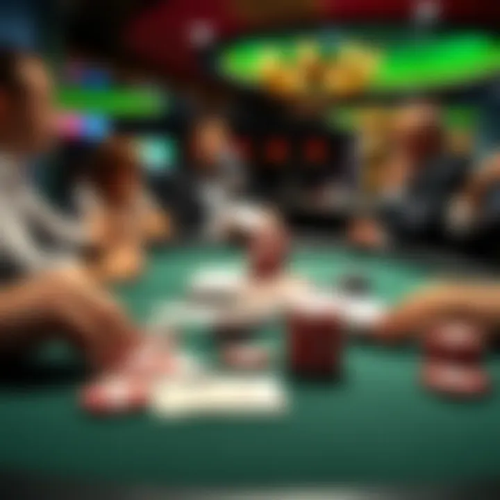 A table with poker cards and chips, showing players contemplating their moves in a local casino setting.