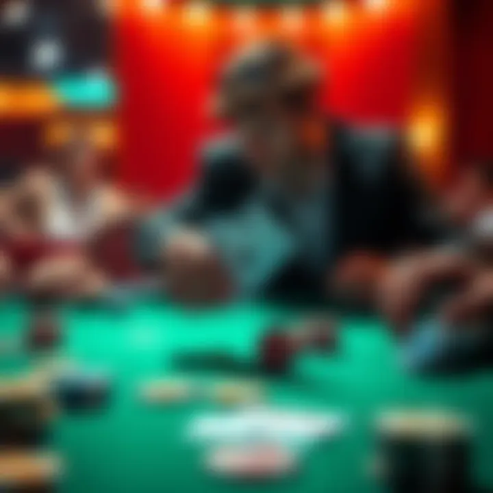 A player considering their options in a poker game, looking at a hand card on the table with chips around.