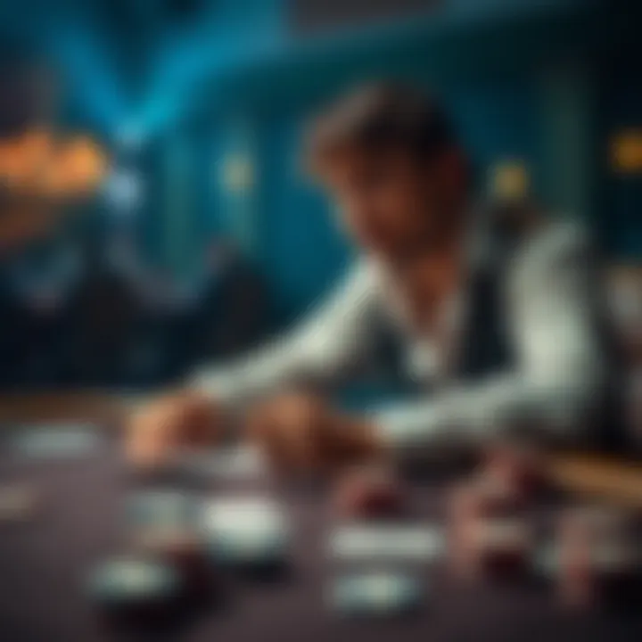A player contemplating a fold during a poker game, with cards and chips on the table.