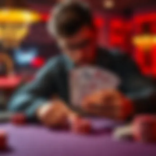 A player contemplating a poker hand at a table, showing a weak hand but considering the next move and tactics for maximizing value in the game.