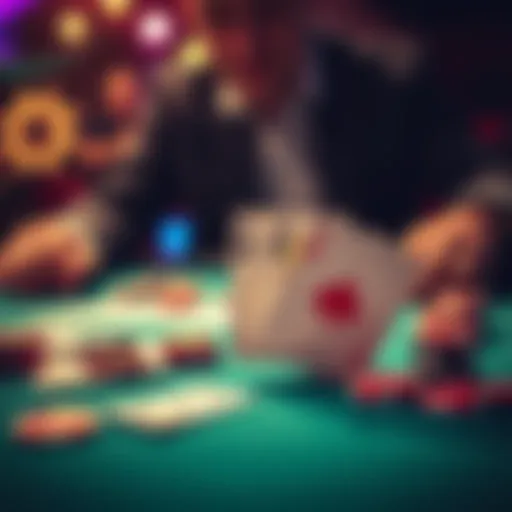 A poker table with cards and chips, focusing on a player with a pair of aces making a decision.