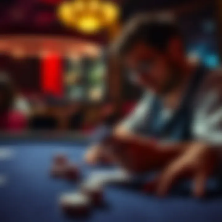 A player contemplating their move at a poker table with cards in hand, highlighting critical decisions during the game
