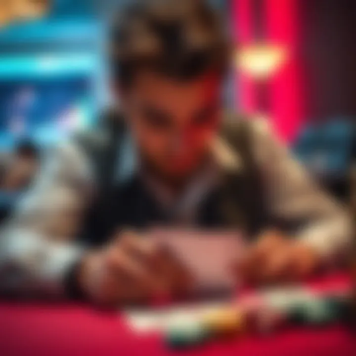 A player contemplating a fold in a poker game with AJo, focusing on their cards and the chips on the table.