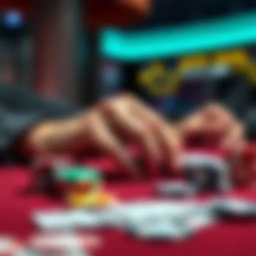 A poker table showing a player contemplating their next move with chips and cards in front of them.