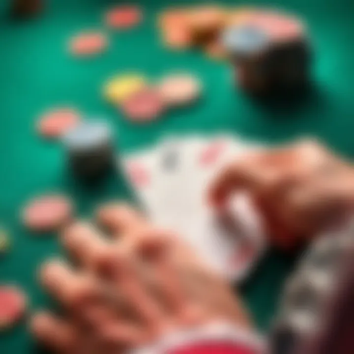 A poker hand showing a flop, turn, and river with poker chips scattered around on a green felt table