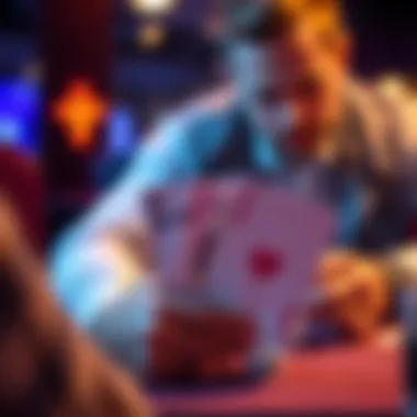 A player contemplating their move in a poker game, focusing on KJ hand after the flop and turn.