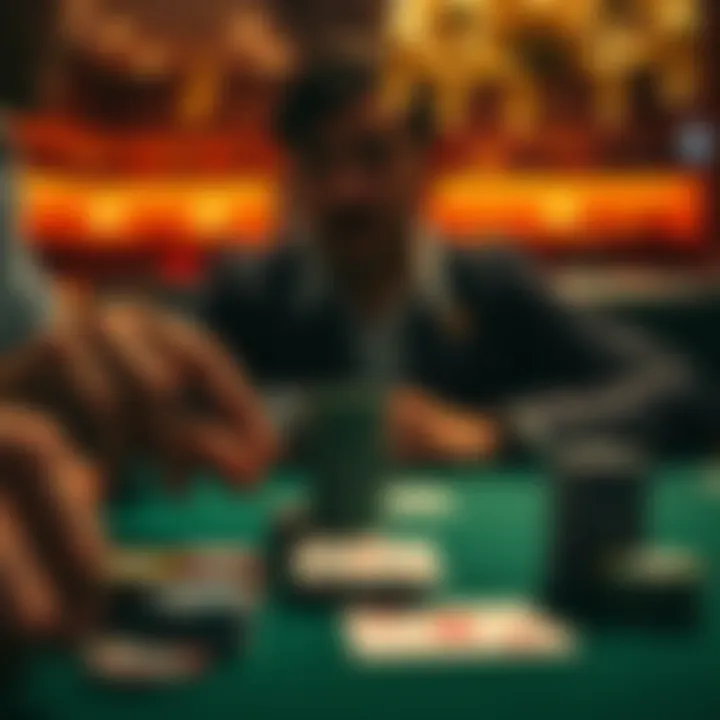 A person contemplating their move in a poker game with cards on the table, showing a Full House hand and chips stacked nearby.