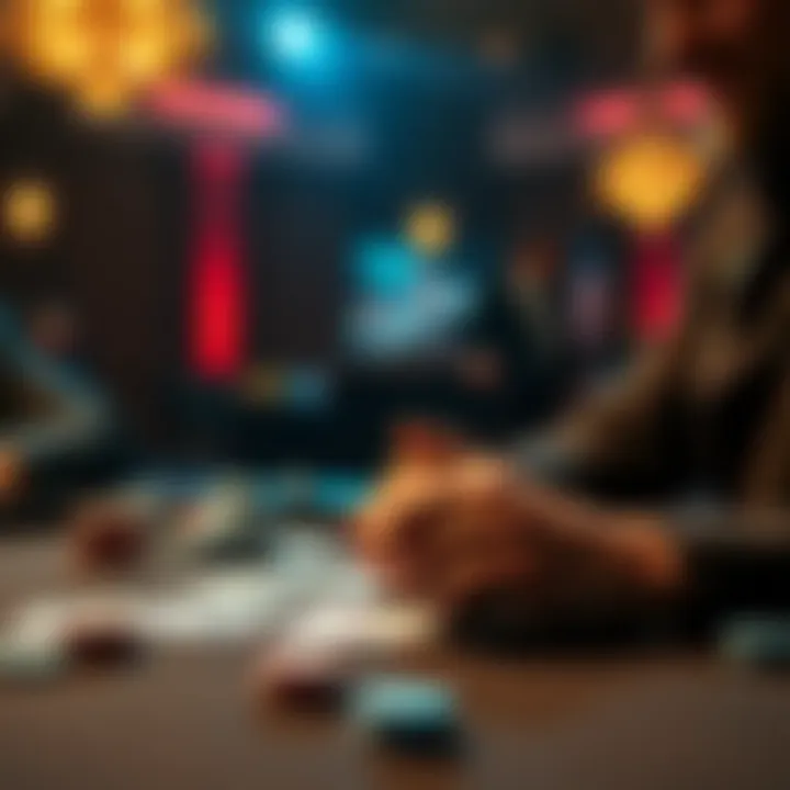A player analyzing their poker hand with cards on the table during a game.