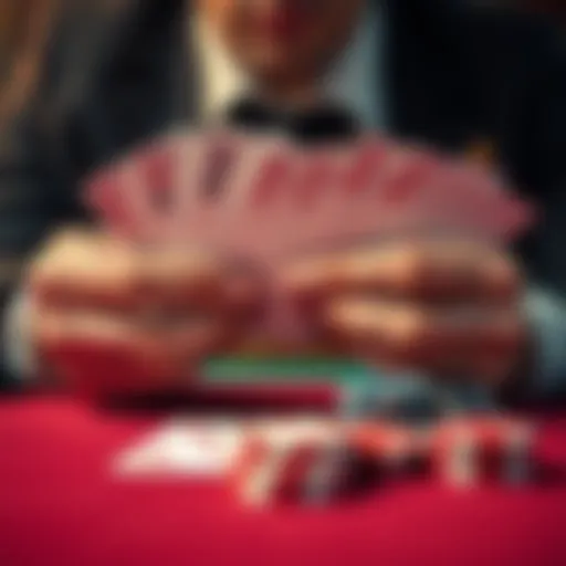 A close-up view of a poker player's hands holding different cards, showing focus on two aces and a stack of chips, symbolizing expert poker knowledge.