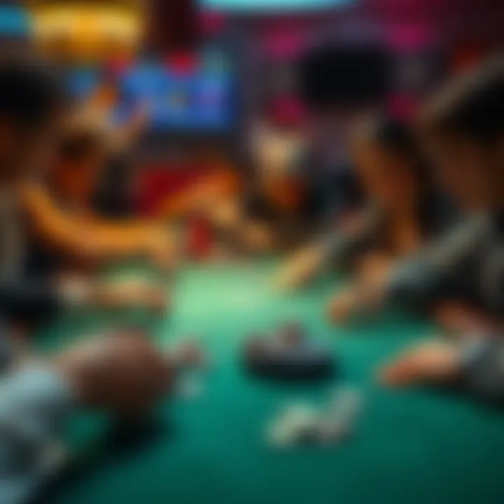 Poker hand in LA Players engaged in an intense poker game with chips on the table, showing a mix of excitement and tension during a dramatic round.