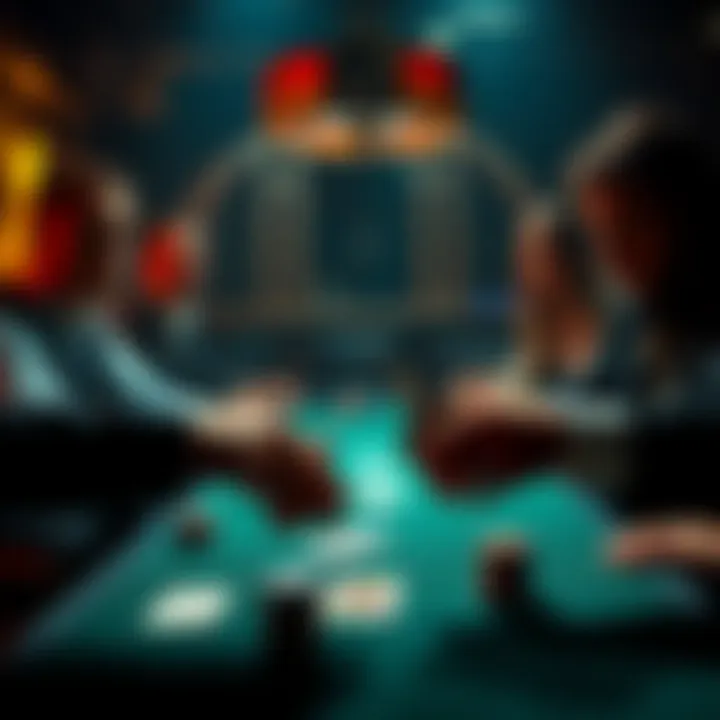 A poker player pushing their cards into the center of the table, showing proper etiquette while others watch cautiously.