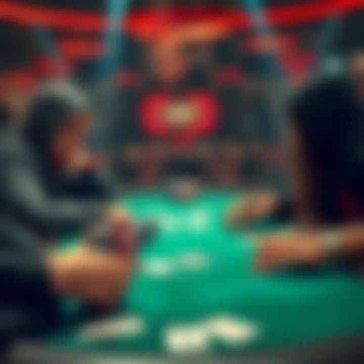 A tense moment in a poker game with two players at a table, one contemplating a big decision, chips stacked in front of them, cards visible on the table