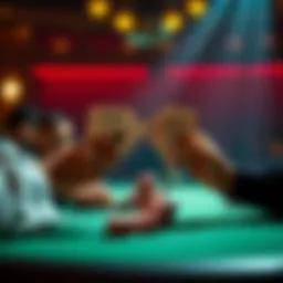 Two players reveal their hands at a poker table with quads, discussing the possibility of a split pot.