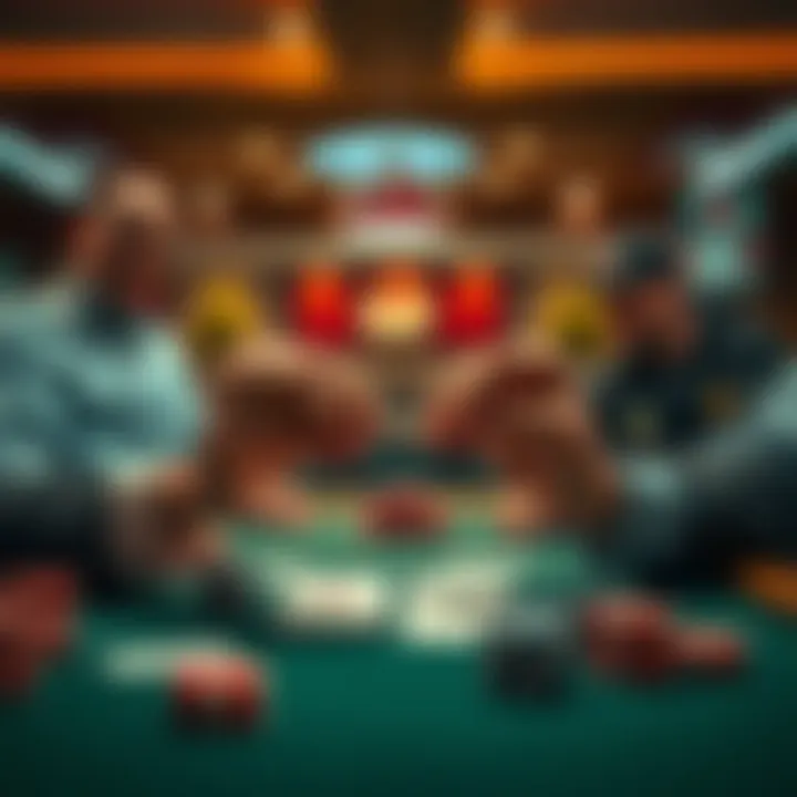 A poker table with two players revealing their cards, showing one with a winning full house hand and the other looking disappointed.